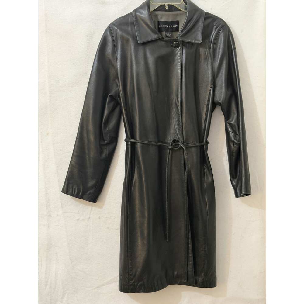 ELLEN TRACY Leather Dark Brown Single Breasted Lined Long Coat MSRP $700+ | L
